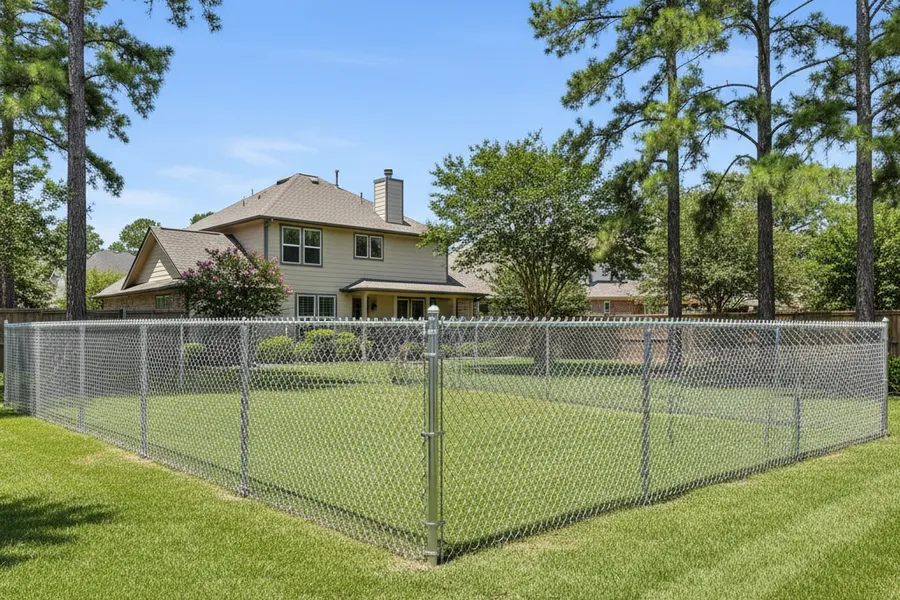 Galvanized chain link fence enclosing a backyard in a Montgomery, Texas neighborhood