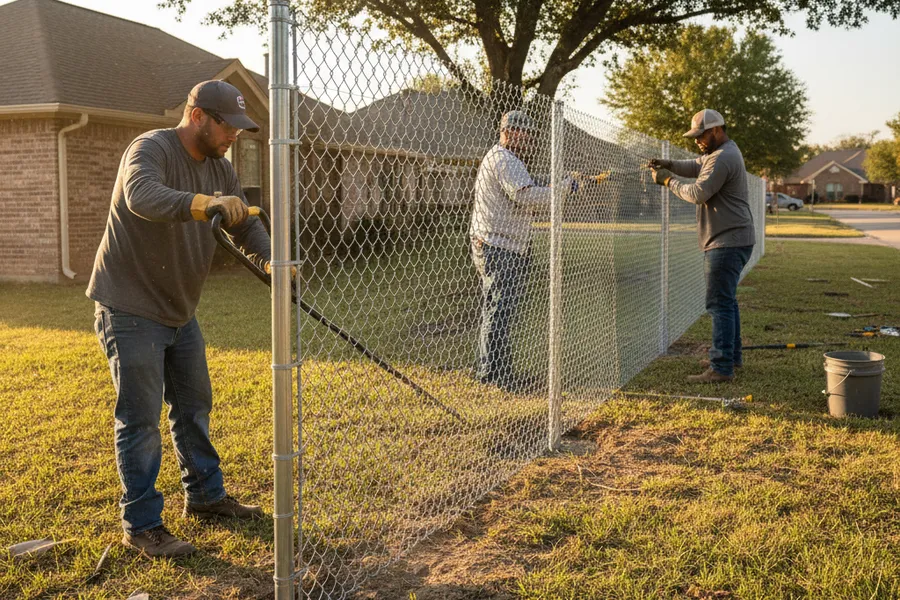 Construction crew stretching and tensioning chain link mesh along steel line posts at a Texas property