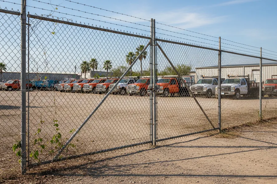 Tall galvanized chain link security fence with a double drive gate around a commercial lot in Greater Houston, Texas