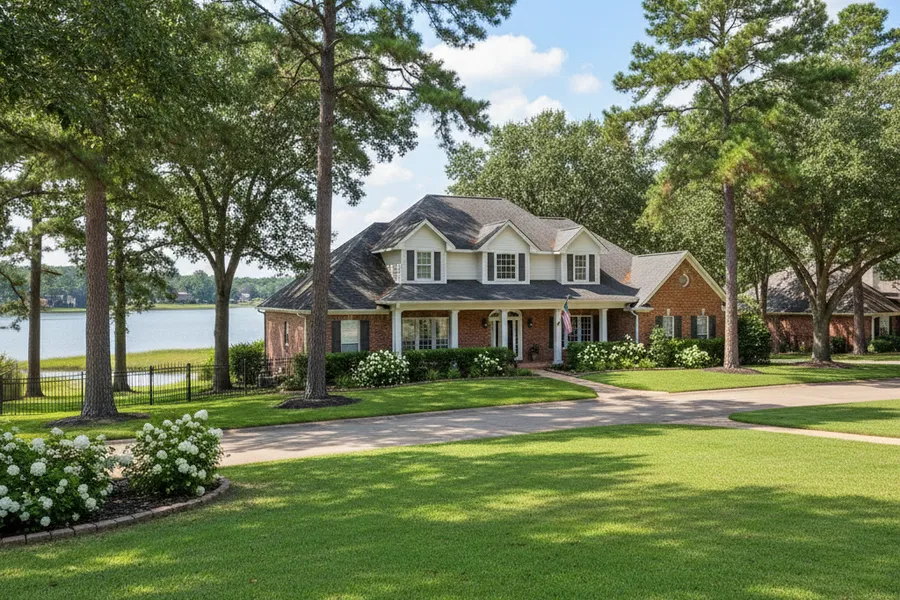 Established single-family home with a green lawn in a Conroe, Texas neighborhood near Lake Conroe