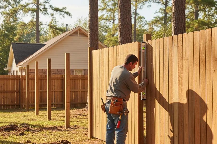 Crew member installing a new wood privacy fence in a residential Conroe, Texas backyard