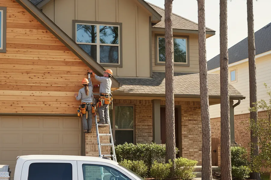 Experienced crew working on a residential property in a Conroe, Texas neighborhood