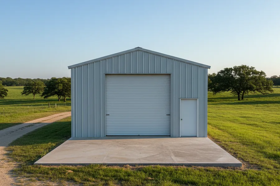 Large steel-framed metal garage with a roll-up door on a rural Texas property under a clear sky