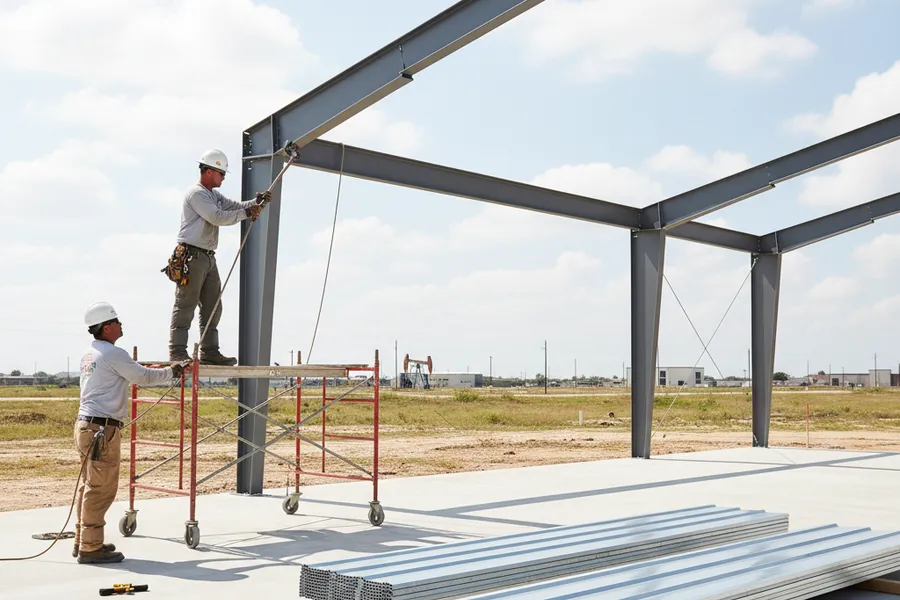 Workers raising a steel building frame on a freshly poured concrete slab at a Texas job site