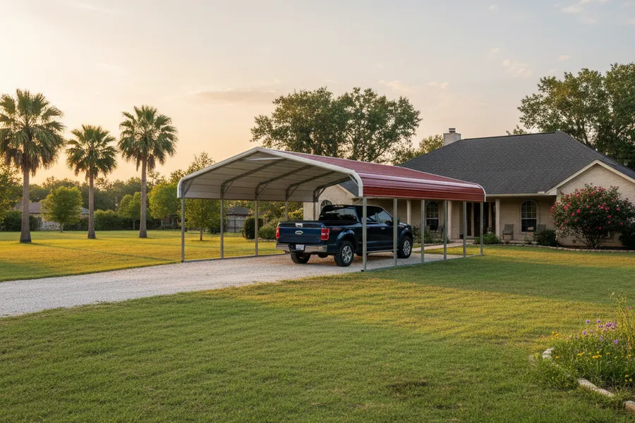 Finished red and white steel carport sheltering a pickup truck beside a home on a Texas property