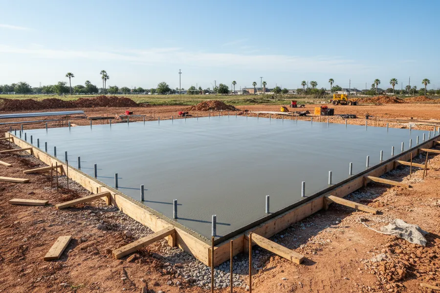 Freshly poured and finished concrete slab foundation with anchor bolts, ready for a metal building on a Texas job site