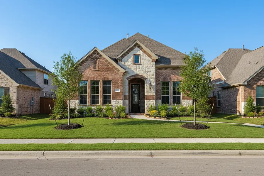 New master-planned community street of two-story homes in Cypress, Texas with fresh landscaping