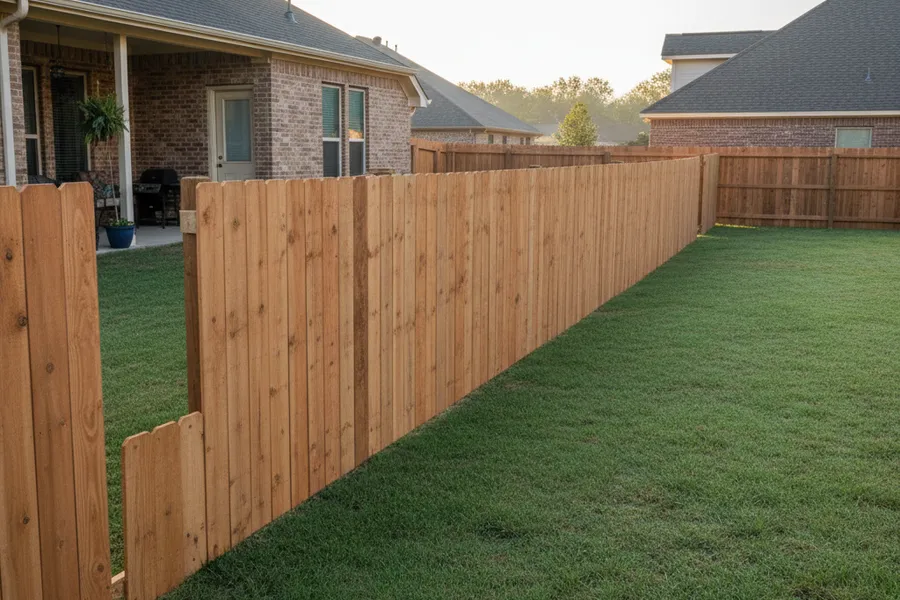 New wood privacy fence installed between homes in a Cypress, Texas suburban backyard