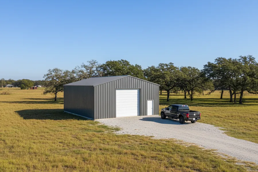 Custom metal workshop building with a roll-up door on a Texas property near Cypress