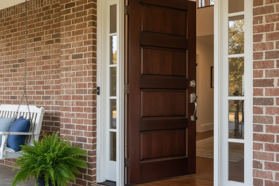 Newly installed wood front entry door on a Texas home, set square in its frame with the door open