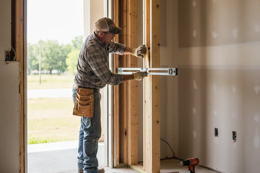 Construction worker using a level and shims to set an exterior door frame plumb in a doorway