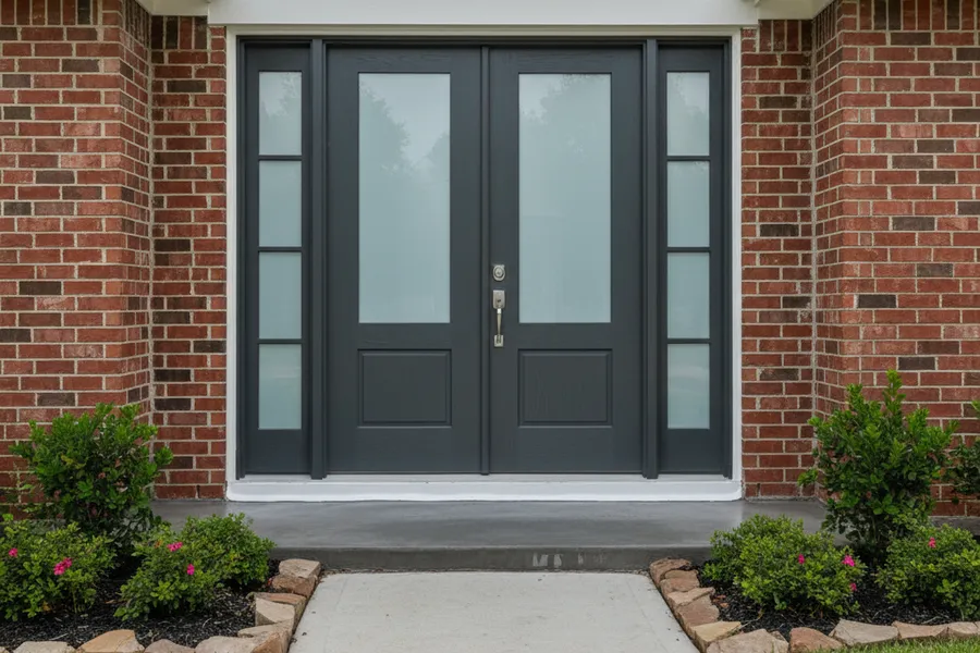 Modern fiberglass exterior door with sidelights installed on a suburban Texas home entry