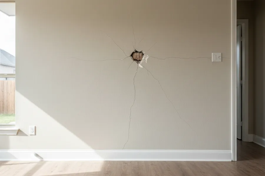 Damaged interior wall with a doorknob-sized hole in a Texas home before drywall repair