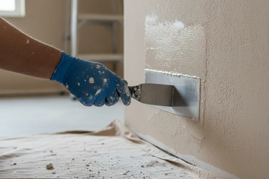Worker applying knockdown texture to a patched drywall wall in a Texas home