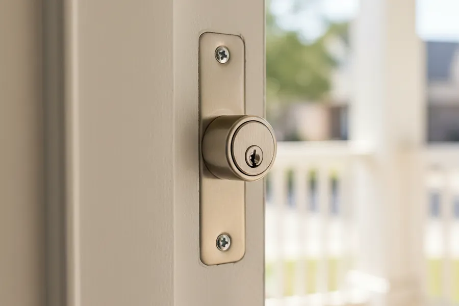 Close view of a new deadbolt and reinforced strike plate installed on a residential door