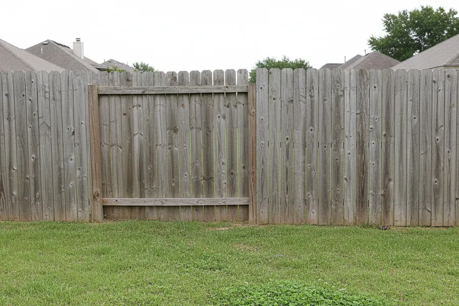 A wooden privacy fence in a Texas backyard with one leaning section being repaired