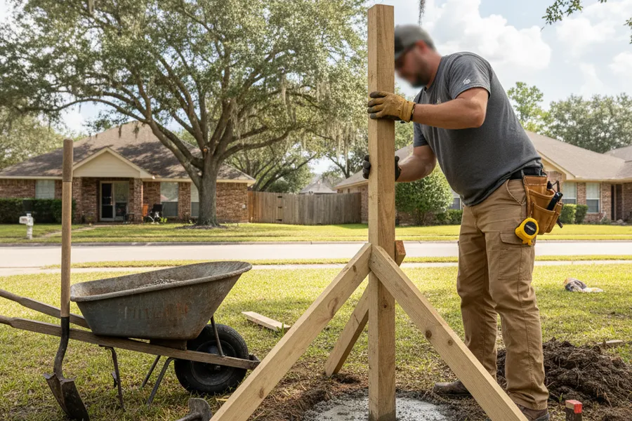 A construction crew member setting a new fence post in concrete during a fence repair