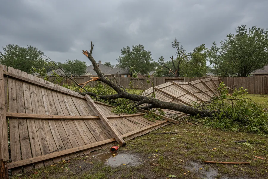 A wood fence section knocked down by a storm in a Texas yard, awaiting repair