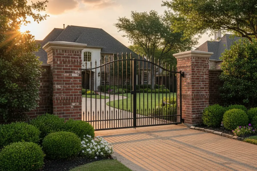 An ornamental powder-coated metal gate hung between brick columns at the front entrance of a Texas home