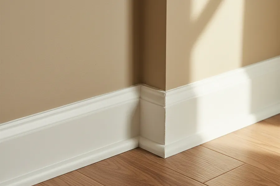 Close view of clean, freshly installed white baseboard trim along a wall in a Texas home