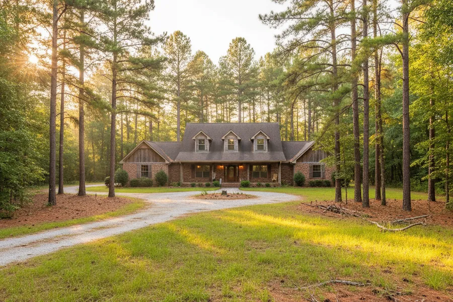 Wooded residential property on the edge of Huntsville, Texas with tall pine trees behind a single-family home