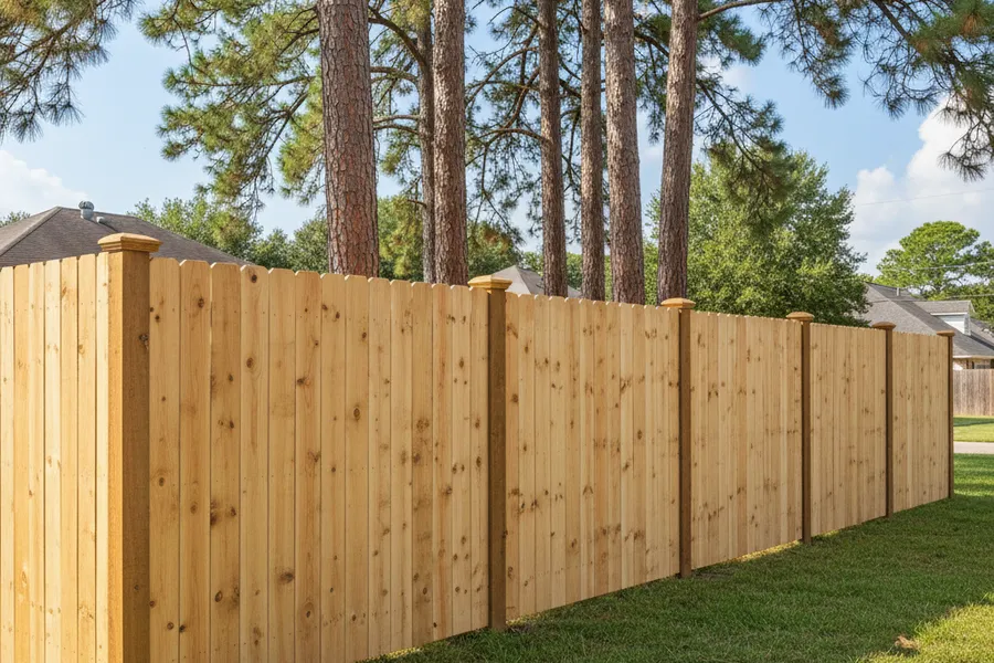 New wood privacy fence along the property line of a Huntsville, Texas home with pine trees nearby