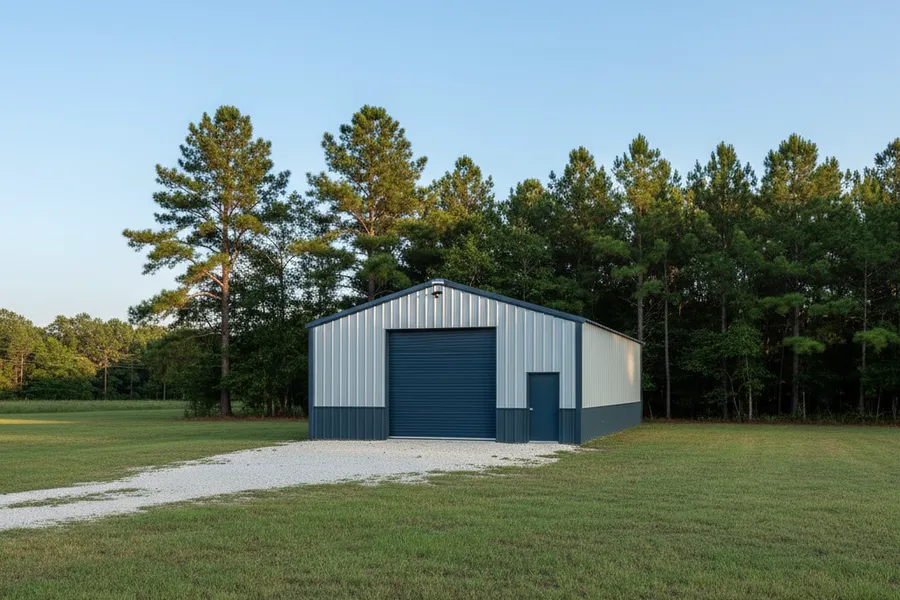 Custom metal building on a rural wooded property near Huntsville, Texas