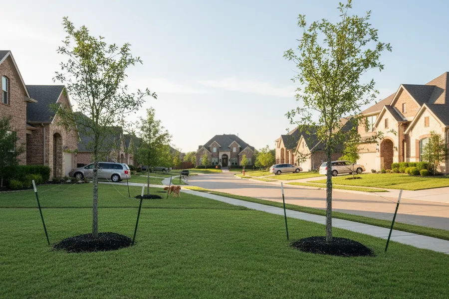 Suburban Katy, Texas master-planned neighborhood street with brick homes, manicured lawns, and young shade trees