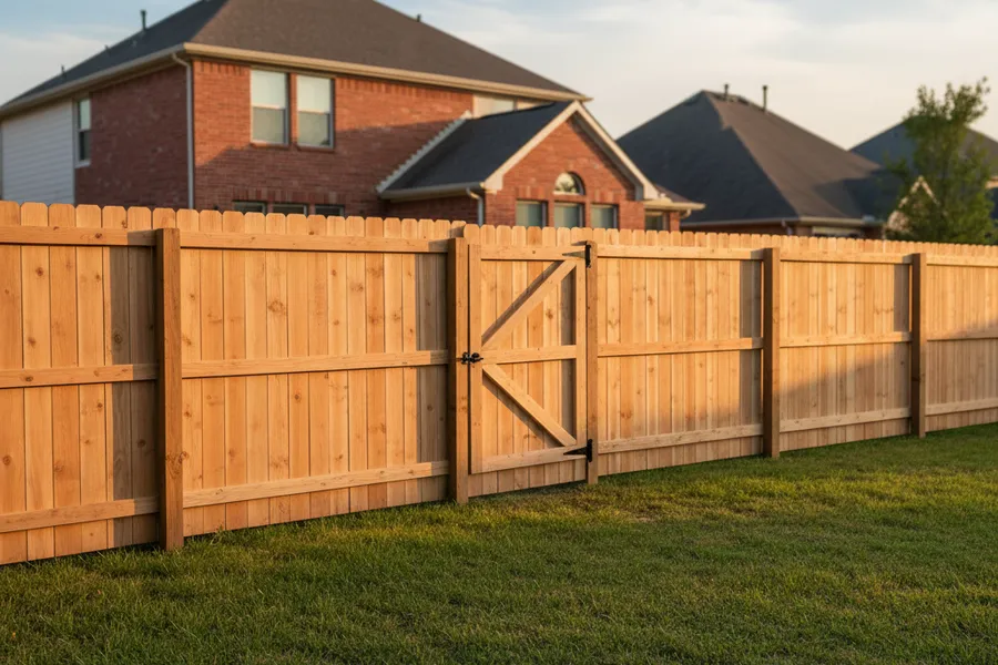 Newly installed wood privacy fence along the backyard of a Katy, Texas suburban home