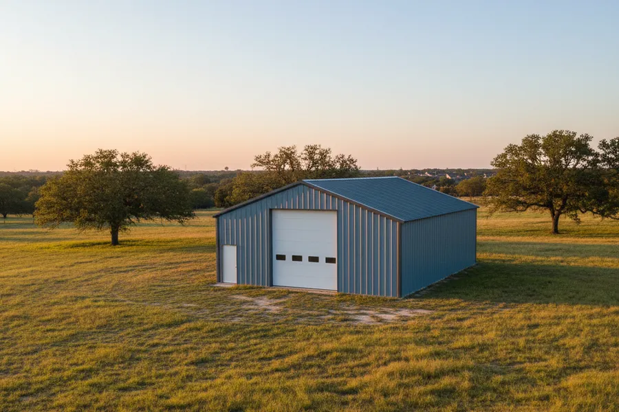 Custom metal building with a roll-up door on a rural property outside Katy, Texas
