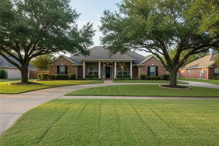 A freshly mowed residential lawn with clean edges along a sidewalk in a Texas neighborhood