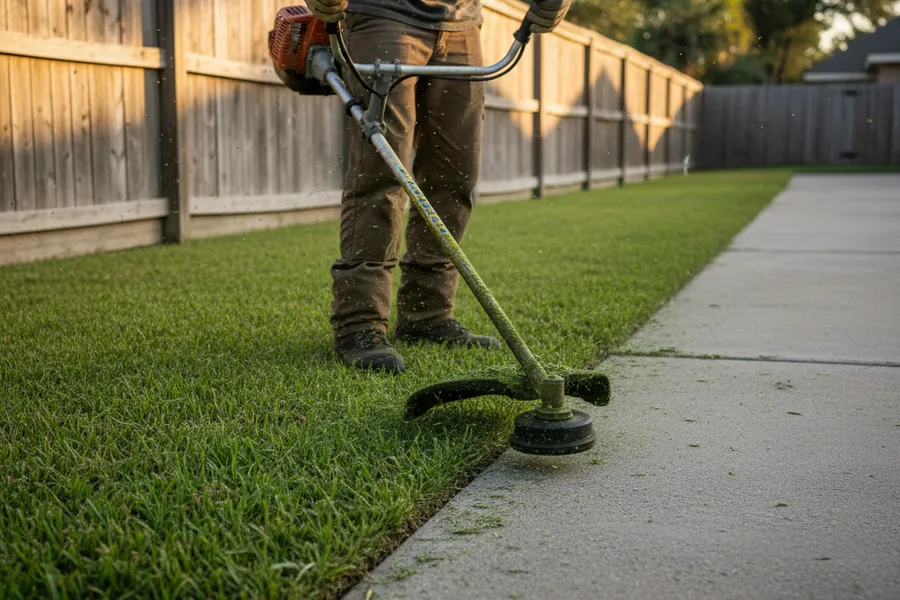 A worker edging the border between a lawn and a concrete driveway with a string trimmer