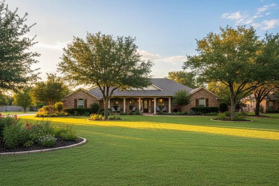 A well-maintained green lawn in front of a Texas home with a manicured, finished appearance