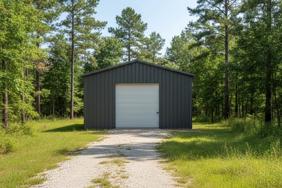 Custom metal building on a wooded acreage property near Magnolia, Texas