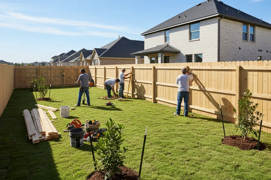 Experienced crew installing a wood privacy fence at a new home in a Magnolia, Texas neighborhood