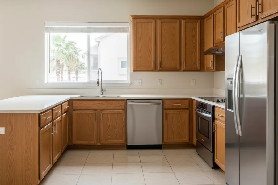 Deep cleaned kitchen with wiped cabinets and clean countertops in a turned rental unit near Conroe, Texas