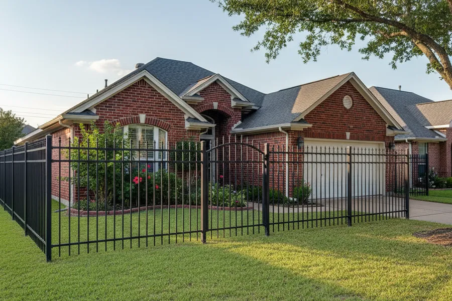 Black ornamental steel fence with vertical pickets lining a manicured front yard of a Texas home