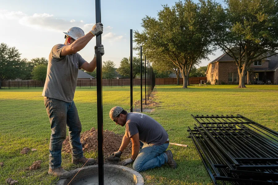 Construction crew setting a steel fence post in concrete along a marked property line in a Texas backyard