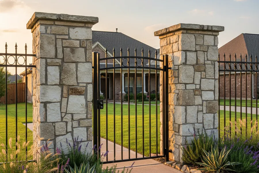 Finished black aluminum fence with a closed walk gate framing the entrance to a Texas home with stone columns