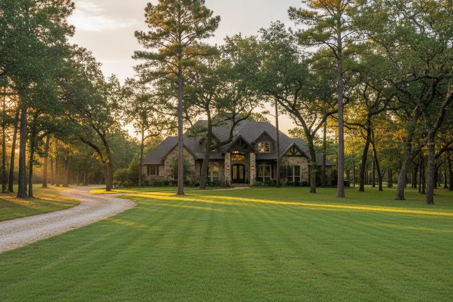 Wooded acreage property with a neatly maintained lawn near Lake Conroe in Montgomery, Texas
