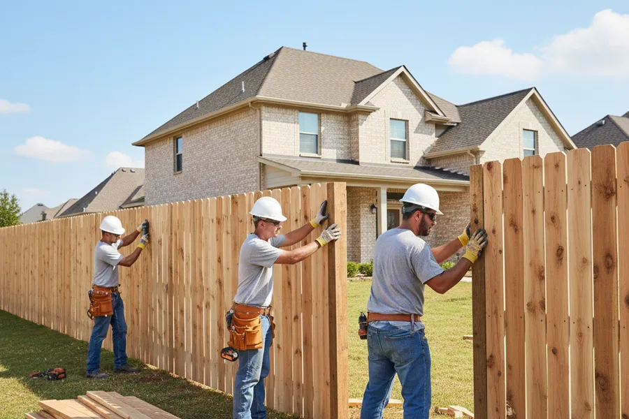 Construction crew installing a wood privacy fence in a residential Montgomery, Texas neighborhood