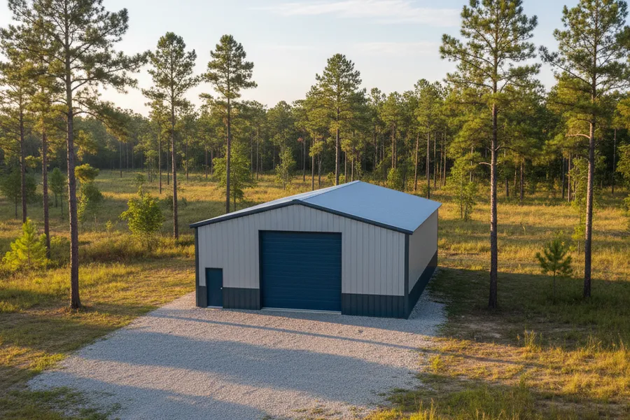 Custom metal building on a rural Montgomery, Texas acreage property surrounded by pines