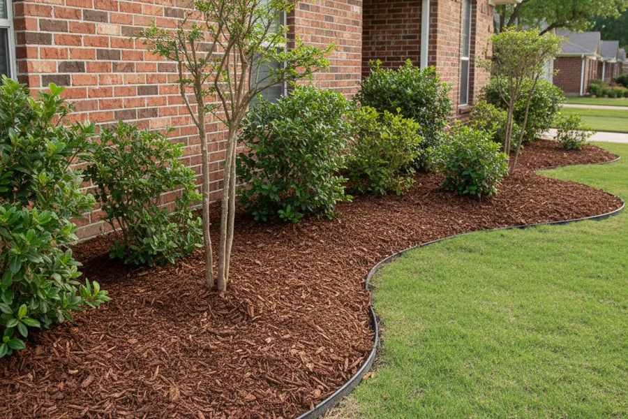 Freshly mulched flower bed with clean edges in front of a Texas home