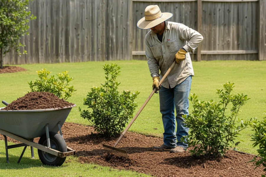 Landscaping crew member spreading and raking fresh mulch around shrubs in a bed
