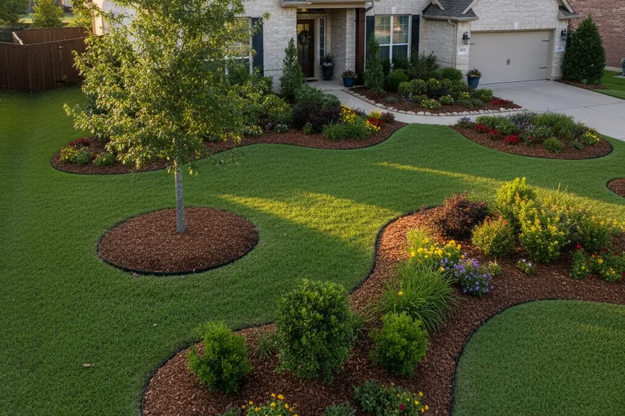Tidy front yard landscaping with freshly mulched beds and clean lawn at a Texas home