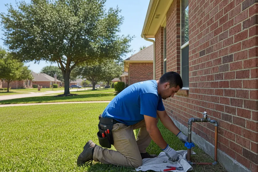 Maintenance worker inspecting an exterior water faucet and pipe on a Texas rental home