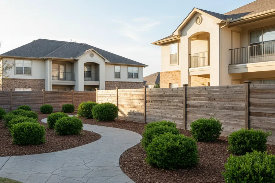 Tidy landscaped common area and walkway between buildings at a Texas apartment community