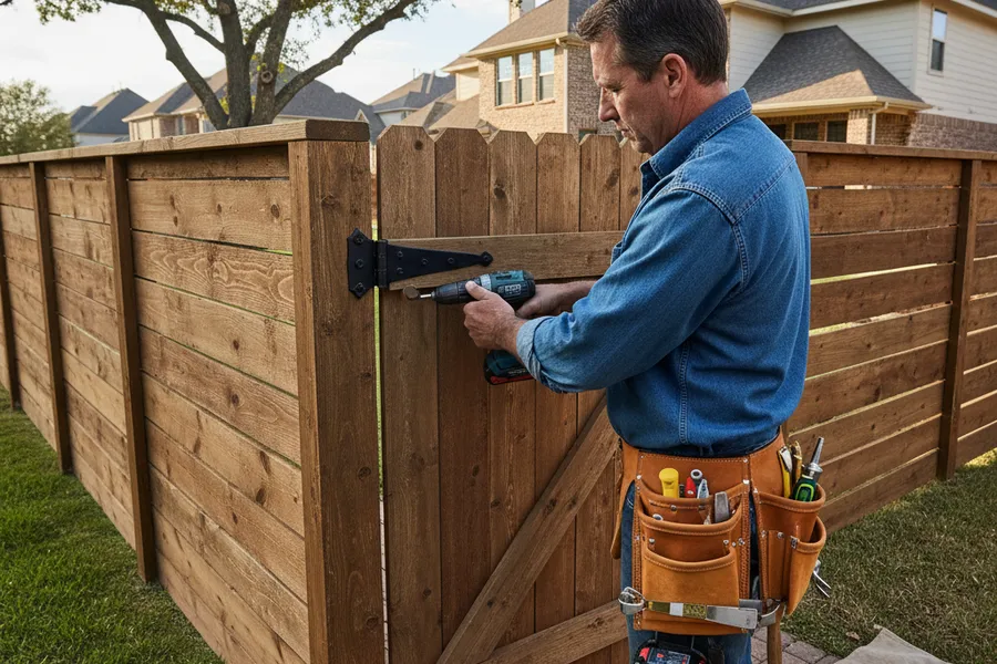 Experienced crew member repairing a wooden gate hinge on a Texas residential property fence