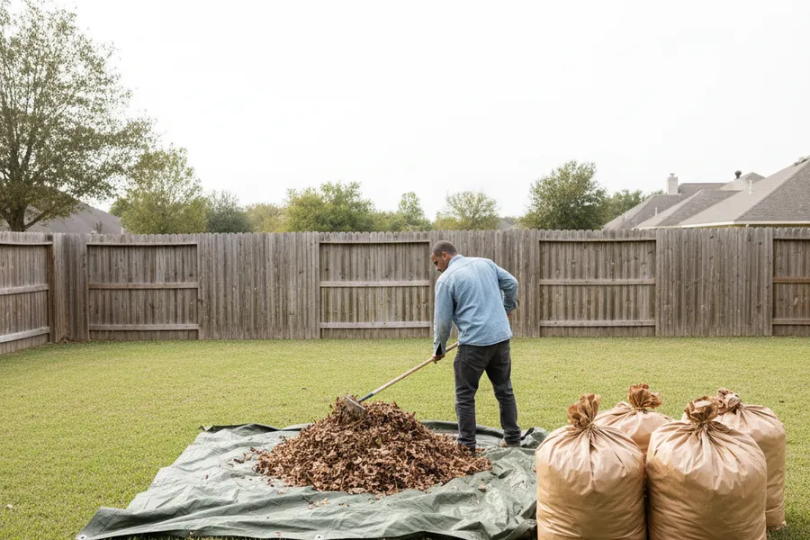 A landscaping crew member raking and bagging leaves in a Texas backyard during a seasonal cleanup