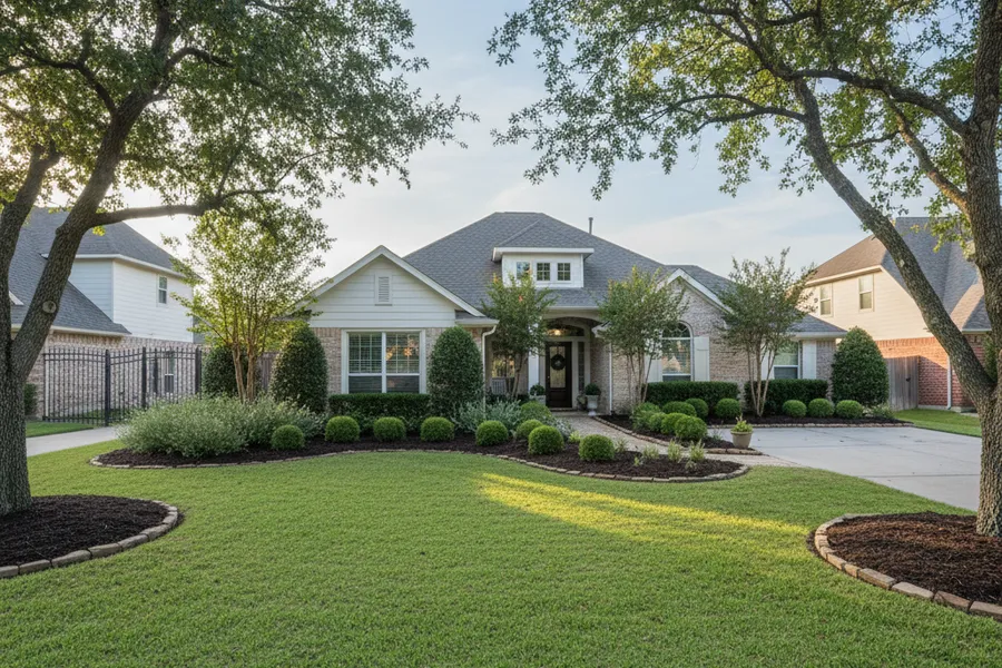 A freshly cleaned Texas yard after seasonal cleanup with crisp bed edges and fresh mulch